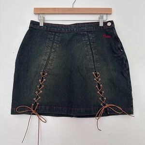 vintage 90s denim mini skirt with suede tie detail
